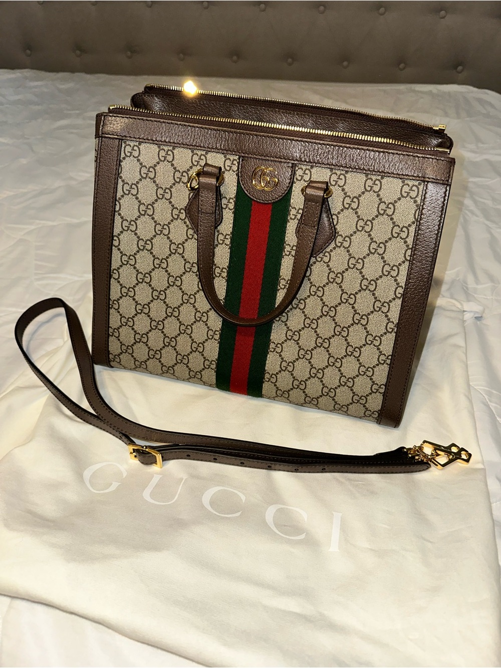 Gucci GG Supreme Canvas Tote with Brown Trim and Red/Green Web